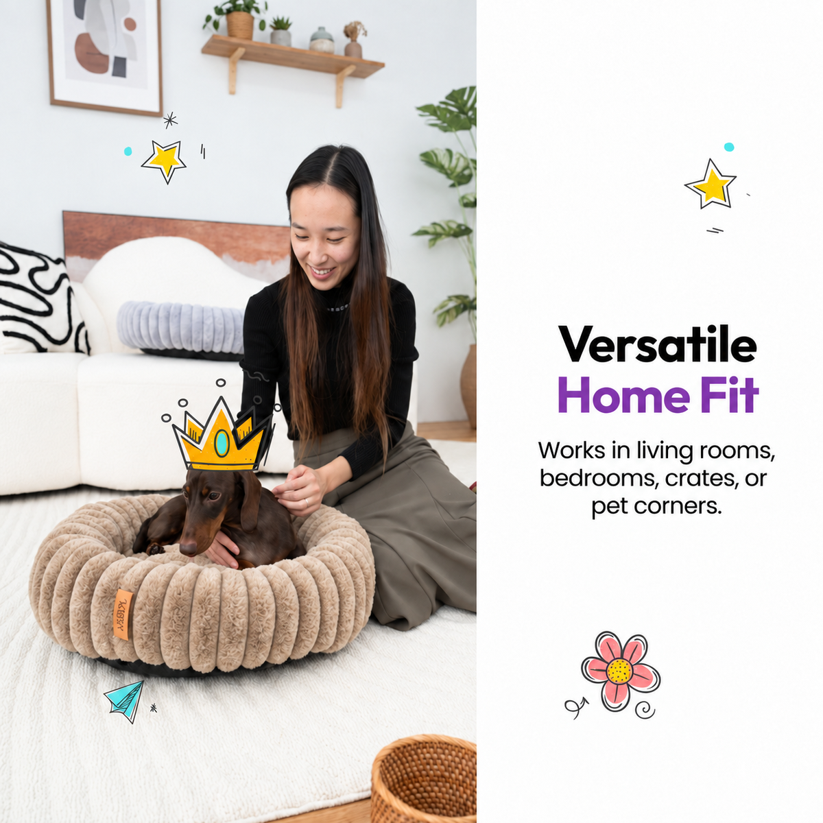 Brown | Furry Corduroy Round Bed: Woman kneeling by a dachshund in a paper crown in the Brown bed, captioned Versatile Home Fit