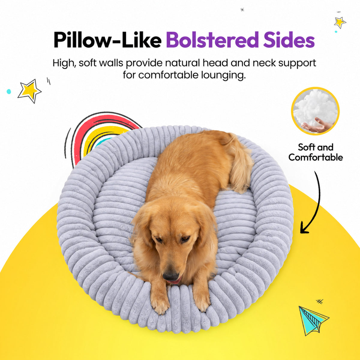 Grey | Furry Corduroy Round Bed: Golden retriever lying in the Grey bed, seen from above, headed Pillow-Like Bolstered Sides