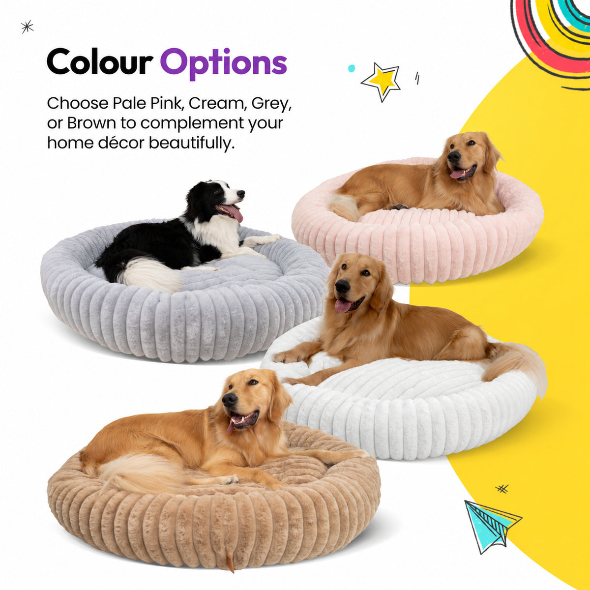 White | Furry Corduroy Round Bed: Dogs in Grey, Pale pink, White and Brown beds, headed Colour Options