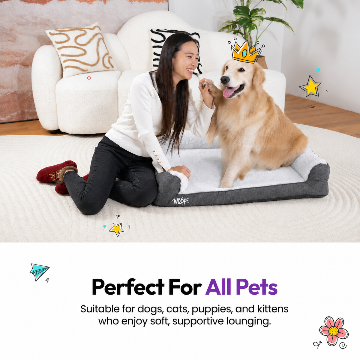 Grey | SNÖR Orthopedic Bed: Woman with a golden retriever on the Grey bed, headed Perfect For All Pets