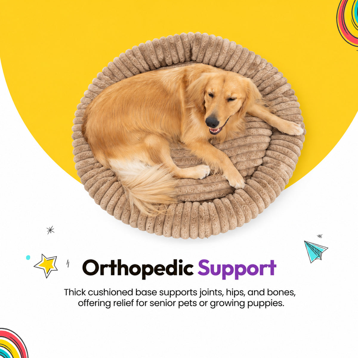 Brown | Furry Corduroy Round Bed: Golden retriever curled up in the Brown bed, seen from above, on a yellow graphic card
