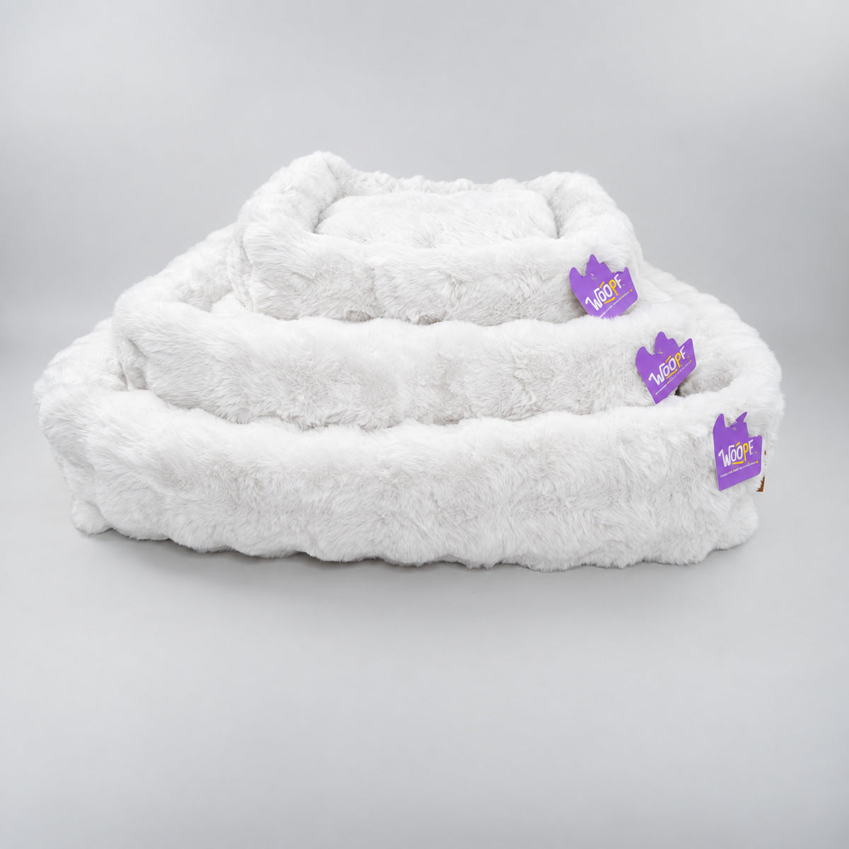 White | Furry Curves Rectangle Bed: The White bed in Small, Medium and Large stacked