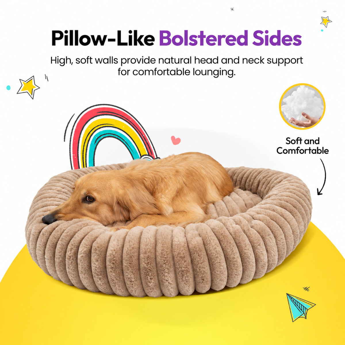 Brown | Furry Corduroy Round Bed: Golden retriever lying in the Brown bed, headed Pillow-Like Bolstered Sides