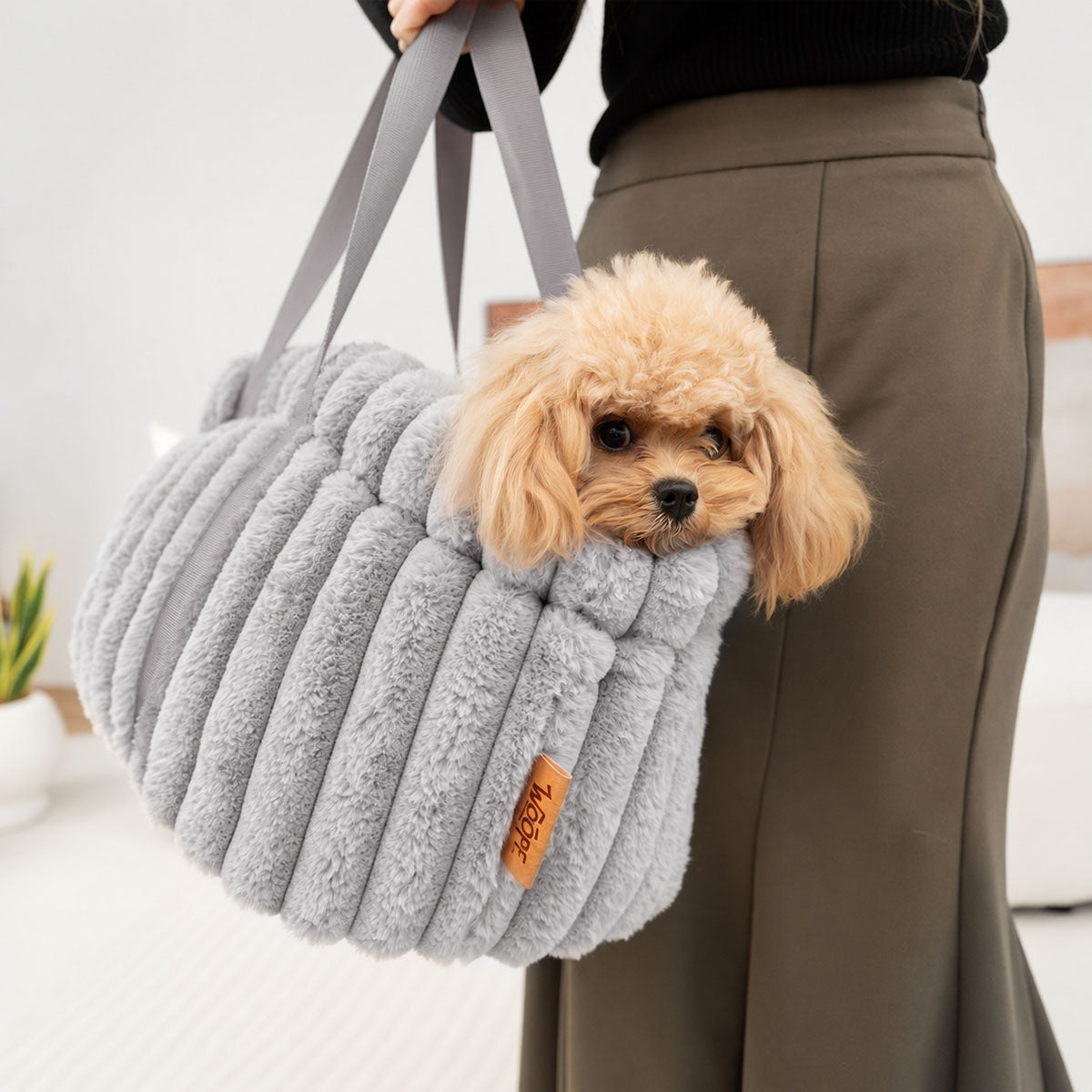 Grey | Corduroy Calming Dog Carrier: Toy poodle in the Grey carrier, carried by its handles