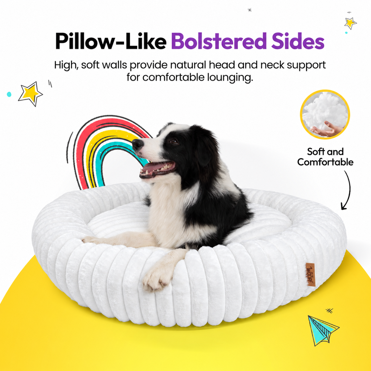 White | Furry Corduroy Round Bed: Border collie lying in the White bed, headed Pillow-Like Bolstered Sides