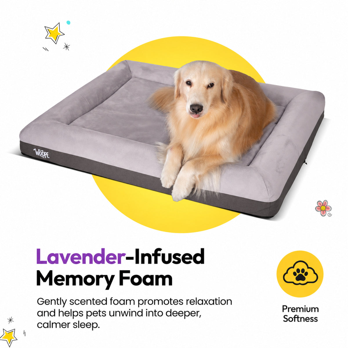 Grey | SNÜZ Orthopedic Suede Bed: Golden retriever on the Grey bed, headed Lavender-Infused Memory Foam