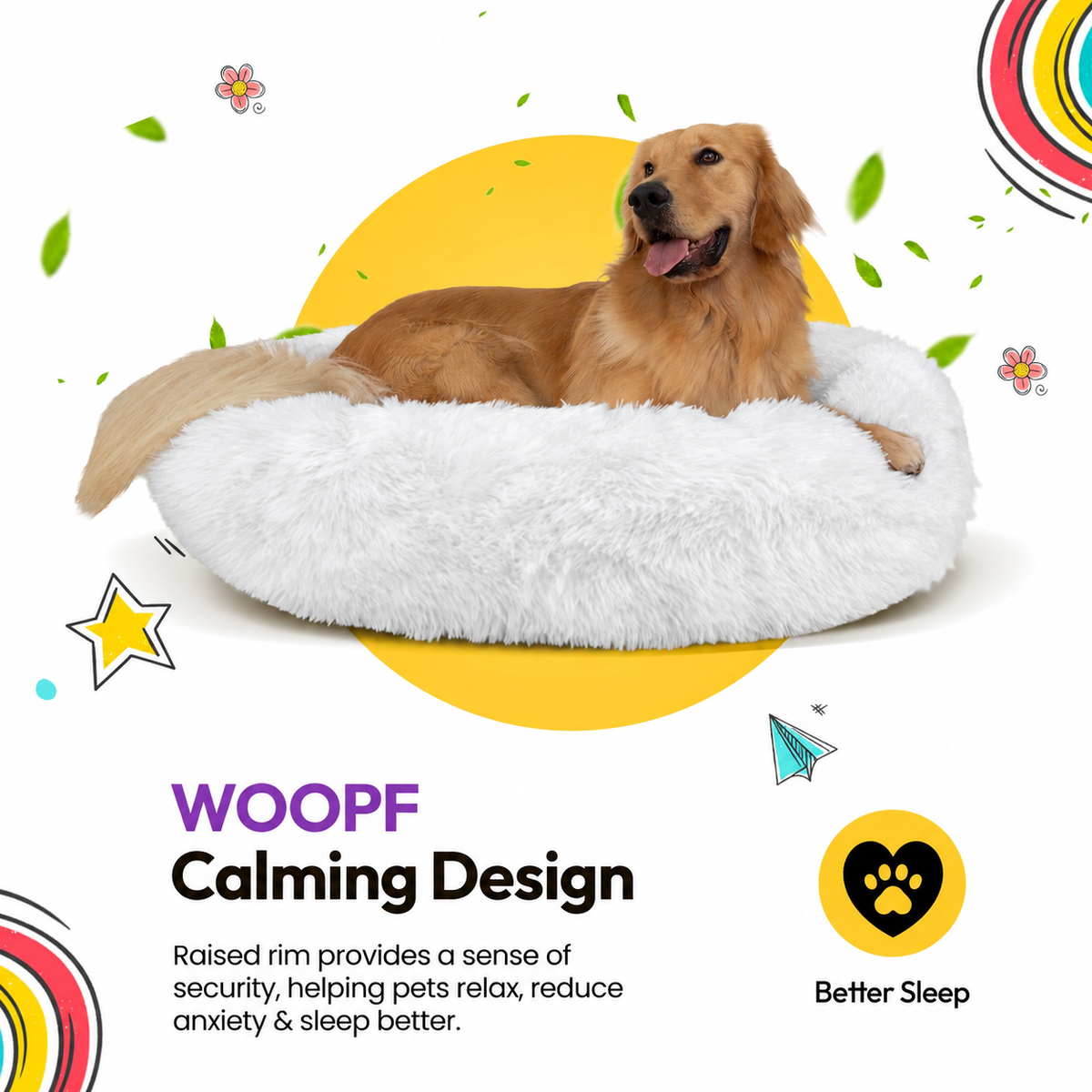 White | Fluffy Shag Calming Round Bed: Golden retriever lying in the White bed on a yellow graphic card
