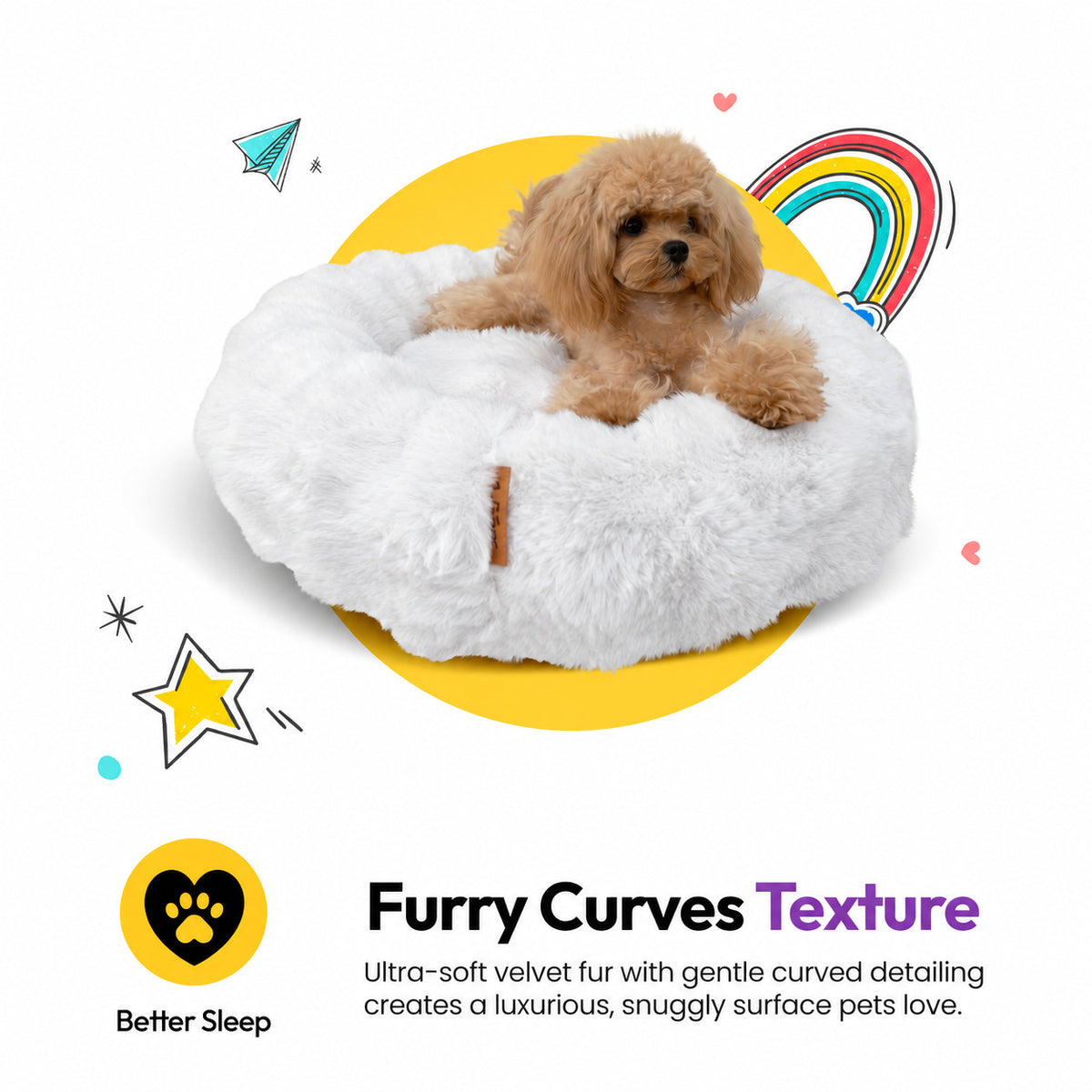 White | Furry Curves Round Bed: Furry Curves texture: ultra-soft velvet fur with curved detailing, a small curly-haired dog in the White bed