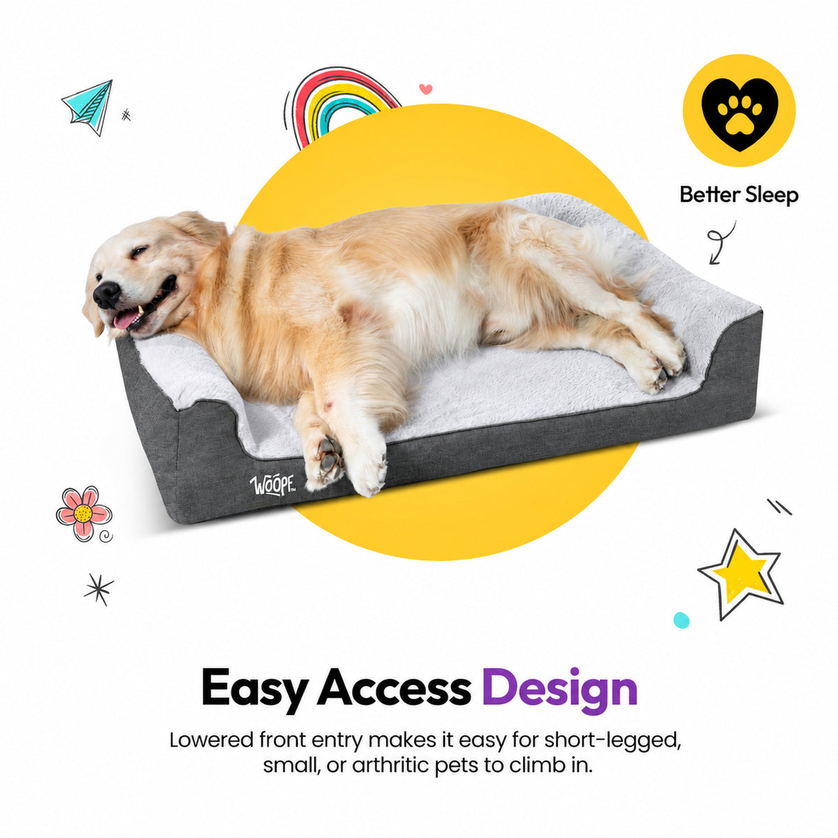 Grey | SNÖR Orthopedic Bed: Golden retriever lying on the Grey bed, headed Easy Access Design