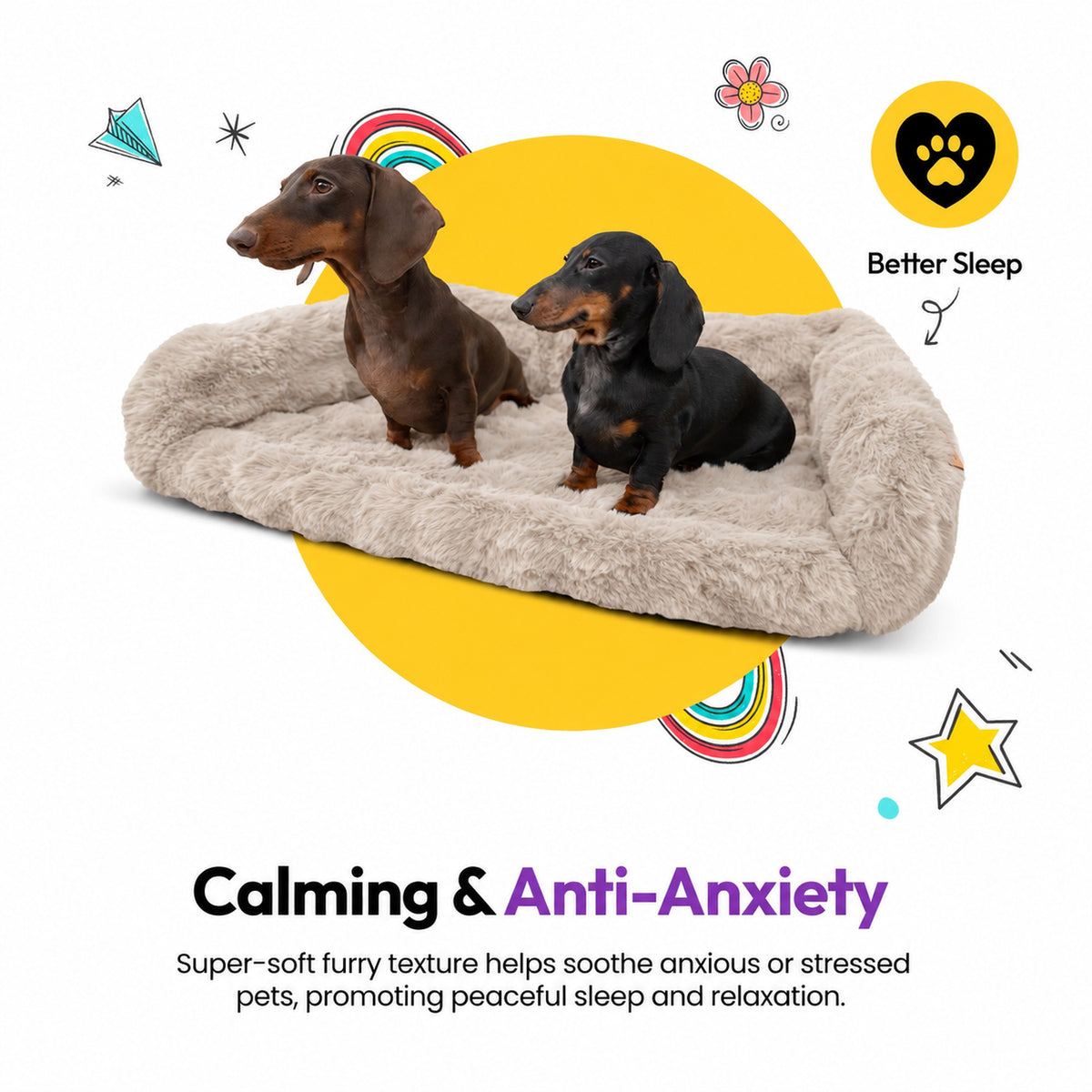 Cream | Furry Curves Open Front Rectangle Bed: Calming and anti-anxiety: two dachshunds on the Cream bed