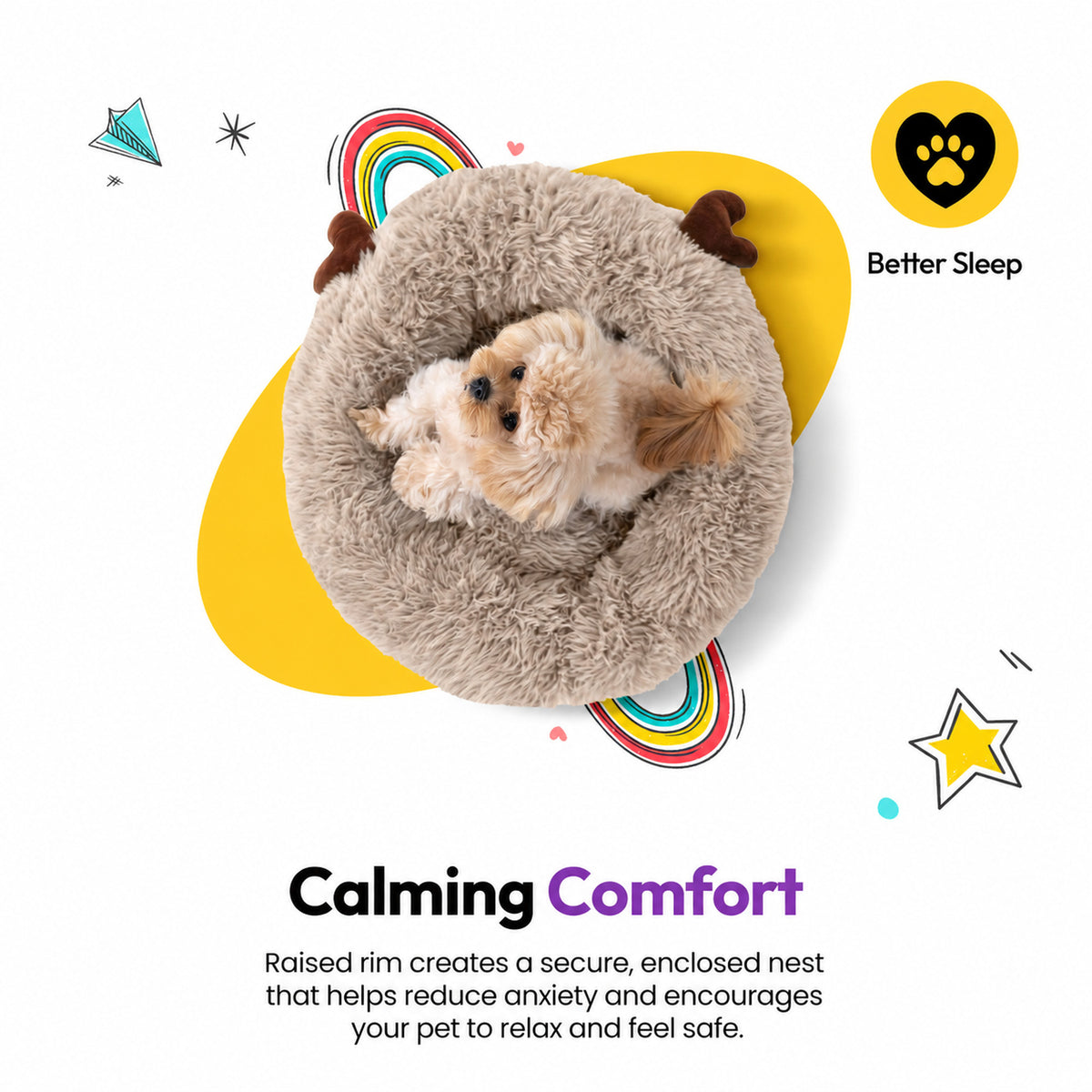 Cream | Fluffy Shag Calming Round Bed with Antlers: Small fluffy dog asleep in the bed, seen from above, on a yellow graphic card