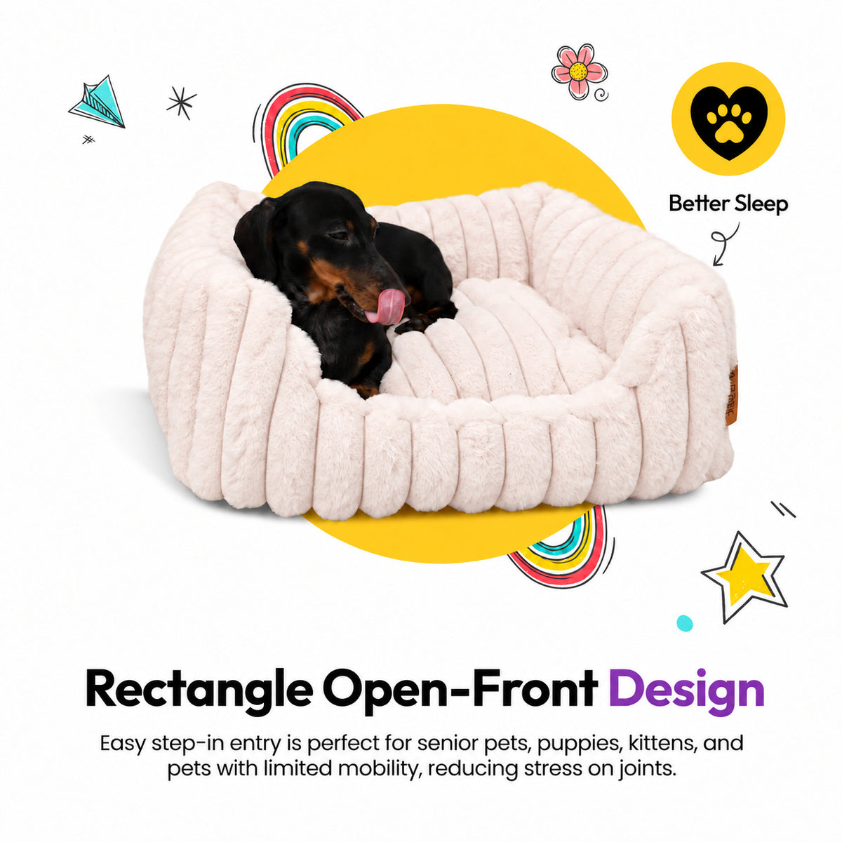 Pale pink | Furry Corduroy Open Front Rectangle Bed: Dachshund lying in the Pale pink bed, headed Rectangle Open-Front Design