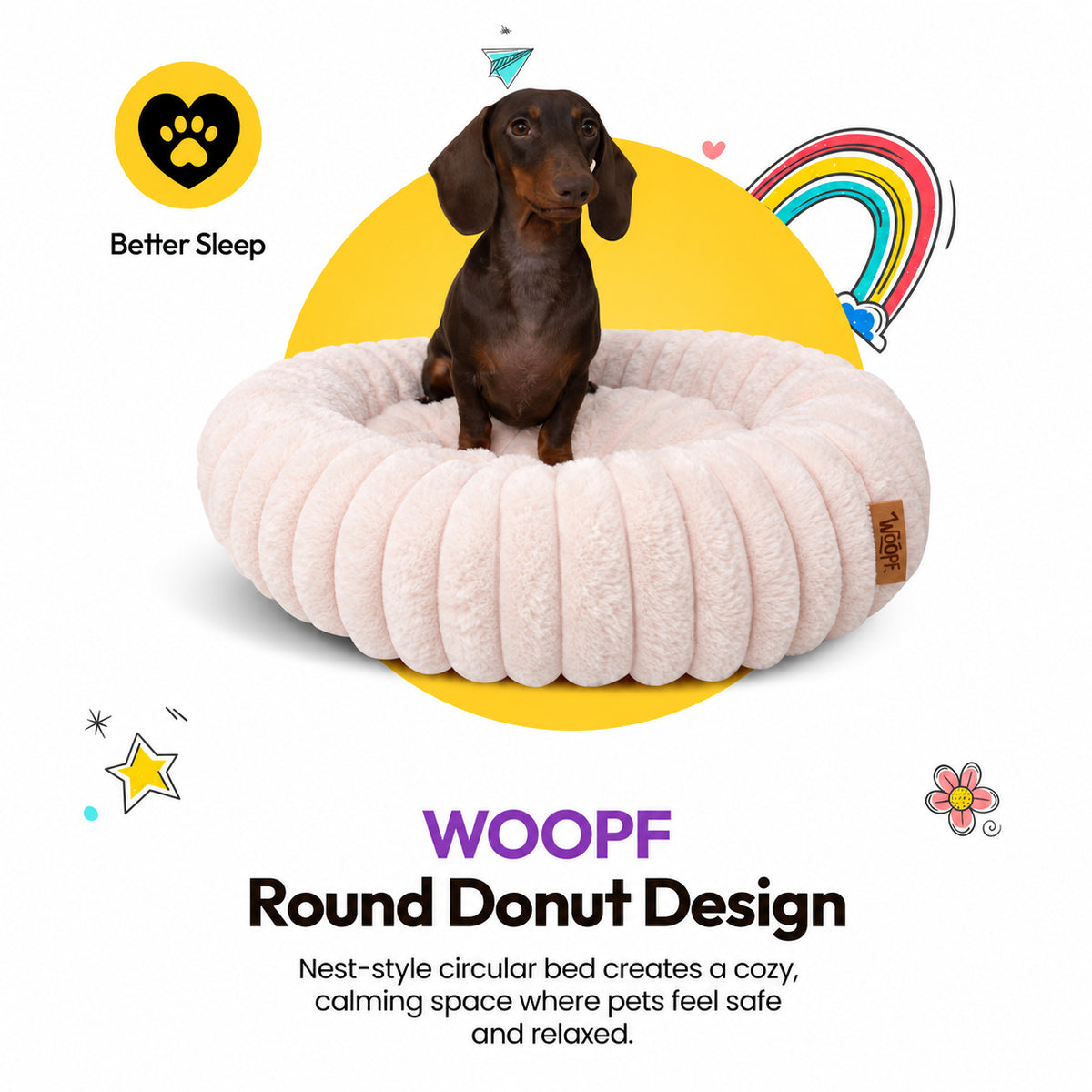 Pale pink | Furry Corduroy Round Bed: Dachshund sitting in the Pale pink bed, headed WOOPF Round Donut Design