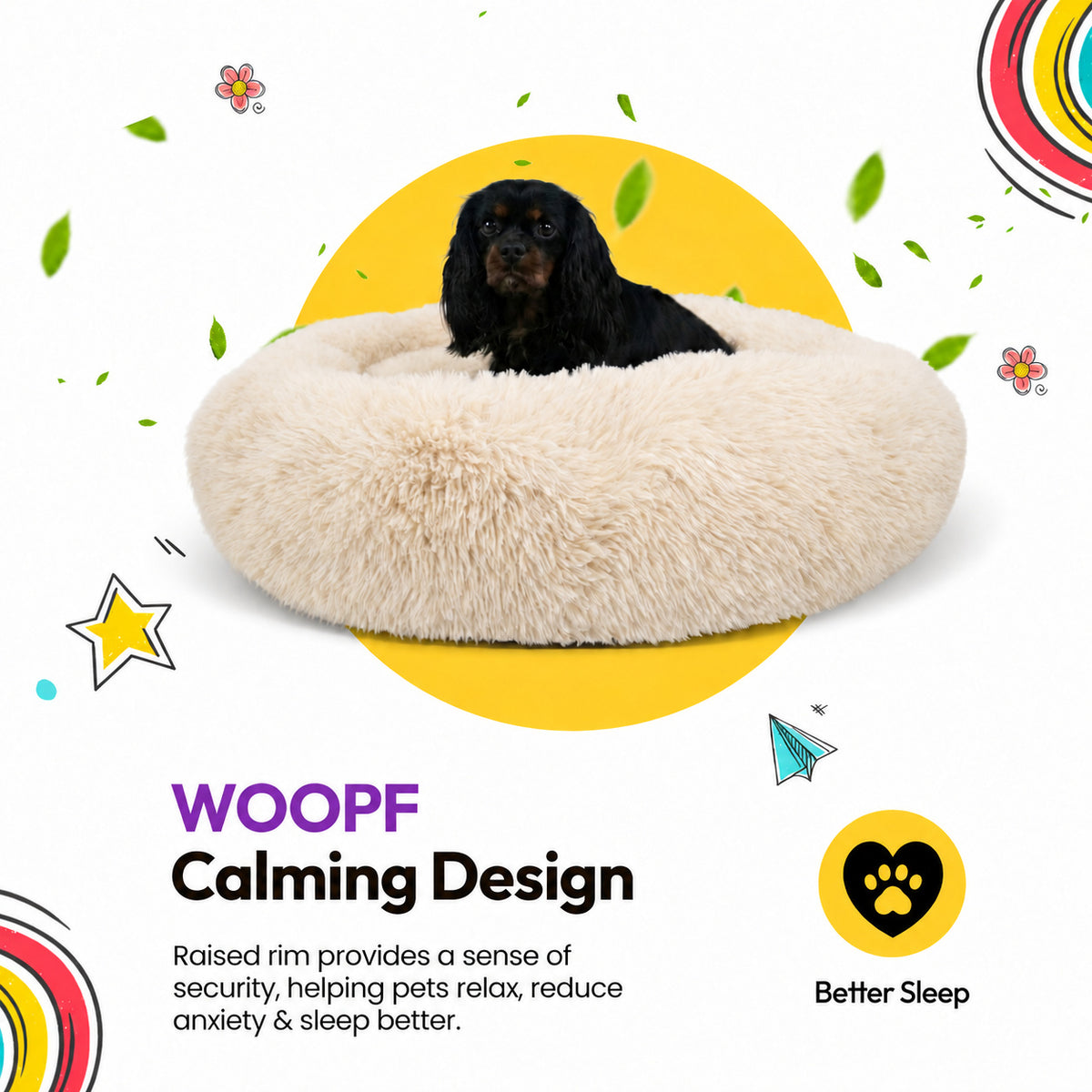Cream | Fluffy Shag Calming Round Bed: Black Cavalier lying in the Cream bed on a yellow graphic card