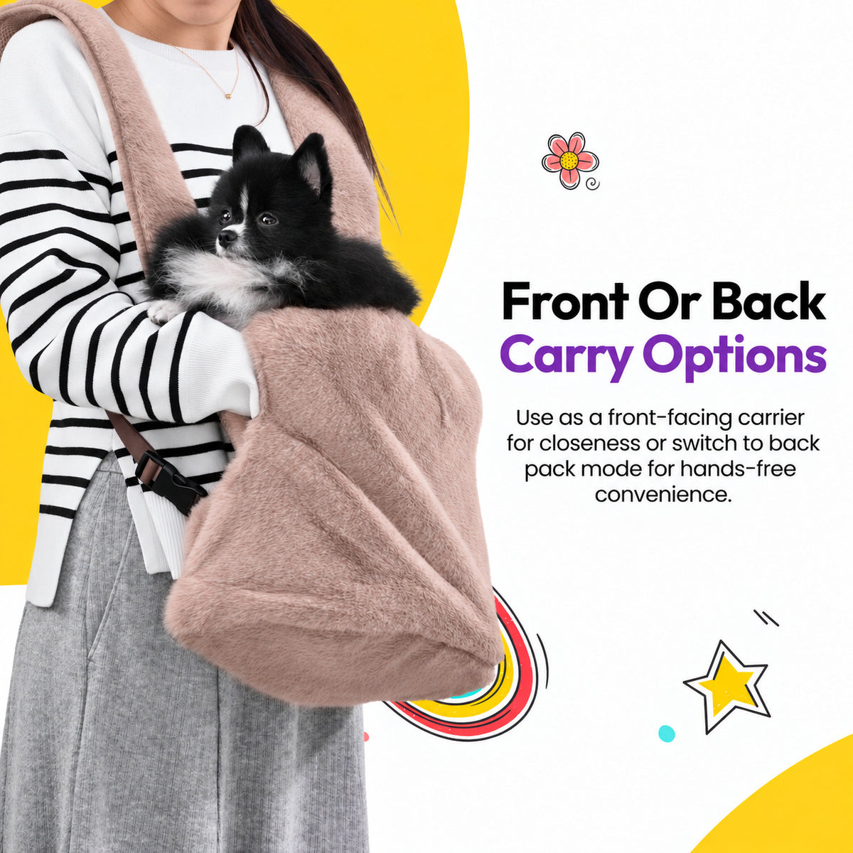 Brown | Furry Range Puppy Pouch: Front or back carry options: a small black and white dog in the Brown Puppy Pouch