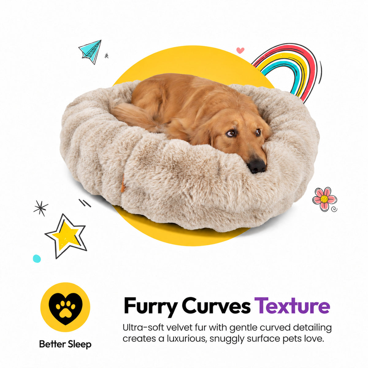 Cream | Furry Curves Round Bed: Furry Curves texture: a golden retriever resting in the Cream round bed