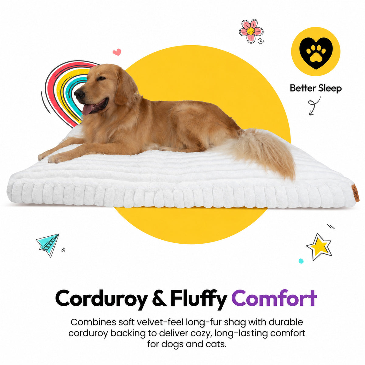 White | Furry Corduroy Sleeping Mat: Golden retriever lying on the White mat, on a card headed Corduroy & Fluffy Comfort