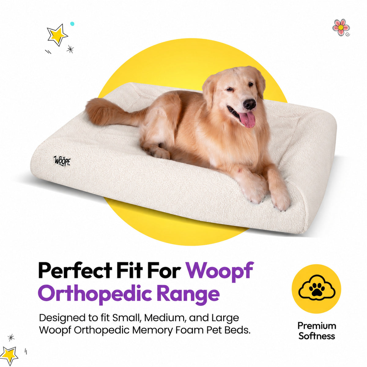 Cream | SNÜZ Bed Slip-On Cover Fleece: Golden retriever on the Cream cover, headed Perfect Fit For Woopf Orthopedic Range