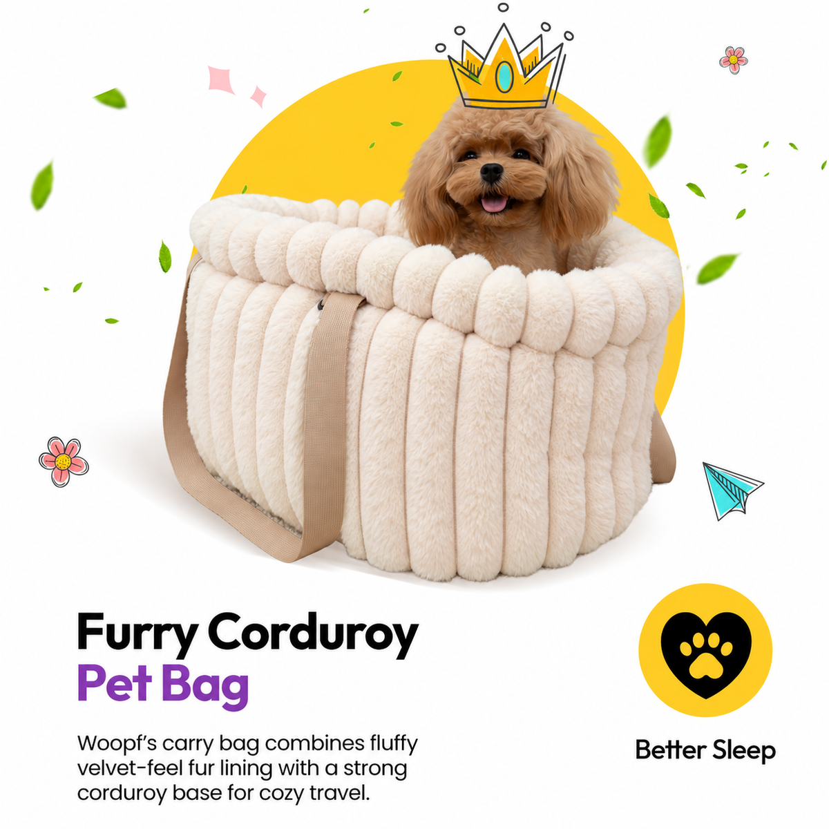Pale pink | Corduroy Calming Dog Carrier: Toy poodle in a paper crown in the Pale pink carrier, headed Furry Corduroy Pet Bag
