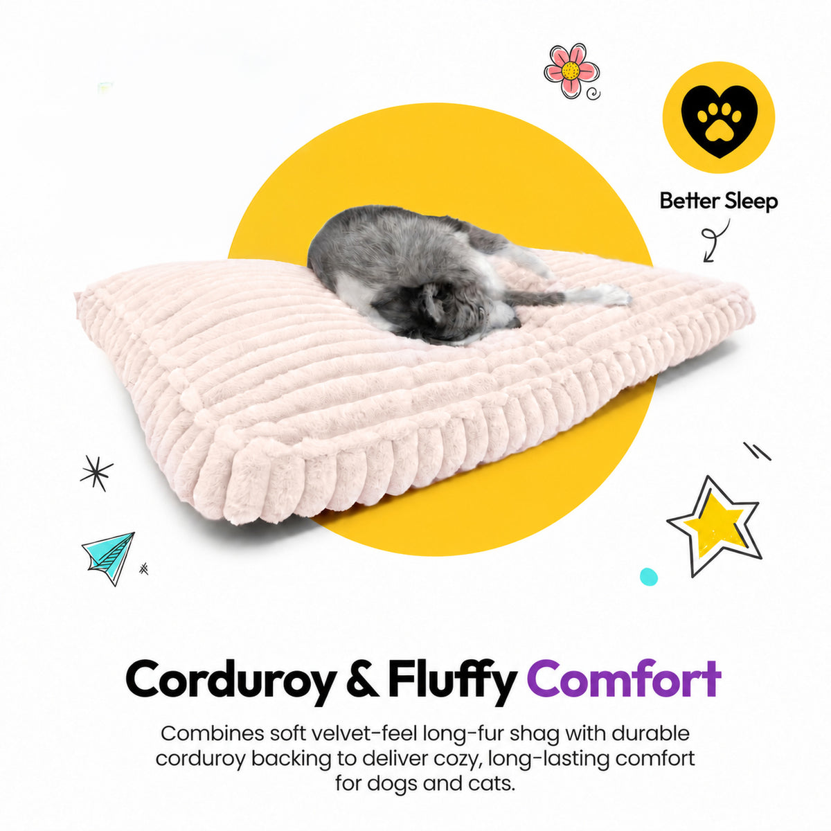 Pale pink | Furry Corduroy Sleeping Mat: Grey cat asleep on the Pale pink mat, on a card headed Corduroy & Fluffy Comfort