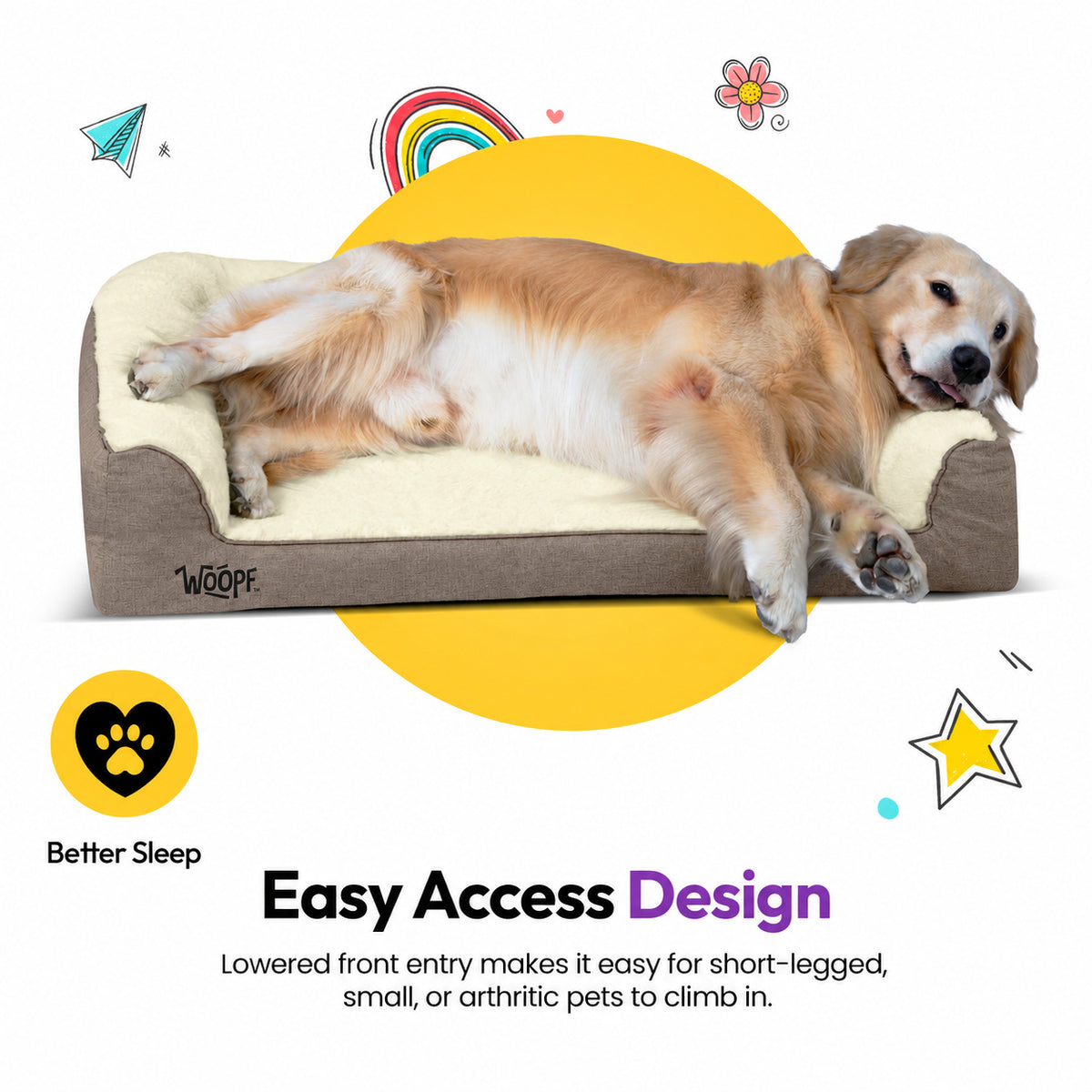 Cream | SNÖR Orthopedic Bed: Golden retriever lying on the Cream bed, headed Easy Access Design
