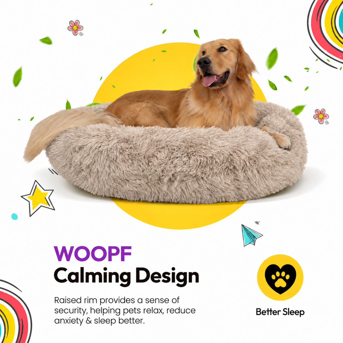 Brown | Fluffy Shag Calming Round Bed: Golden retriever lying in the Brown bed on a yellow graphic card