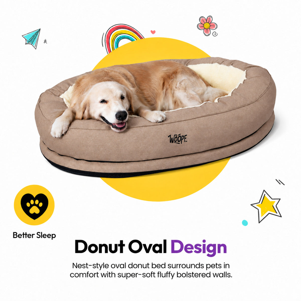 Cream | NÄP Orthopedic Bed: Golden retriever in the Cream bed, headed Donut Oval Design