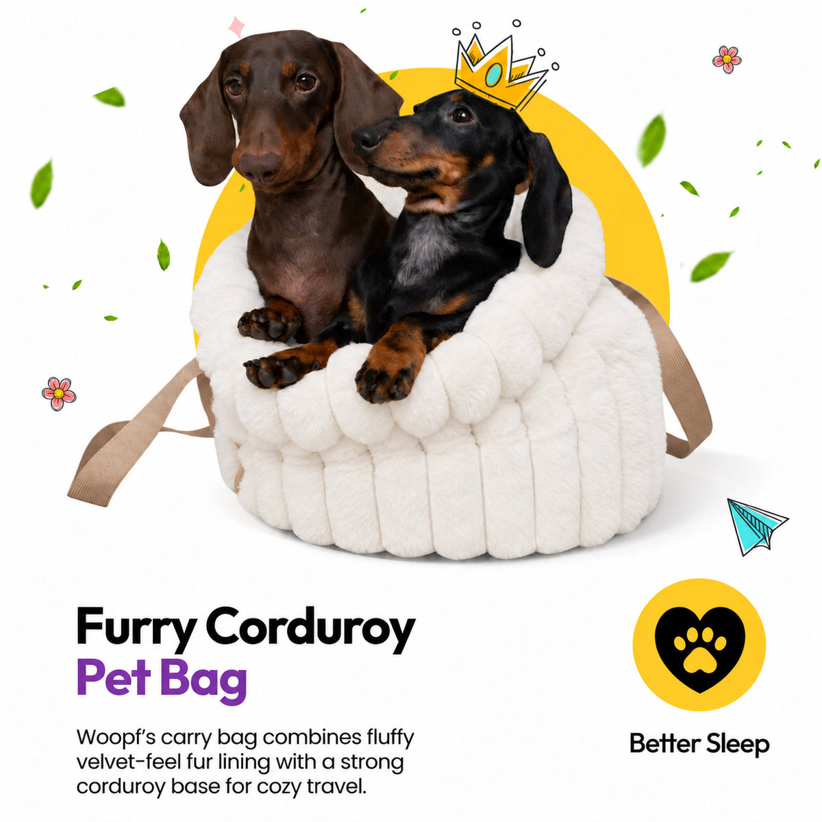 White | Corduroy Calming Dog Carrier: Two dachshunds, one in a paper crown, in the White carrier, headed Furry Corduroy Pet Bag