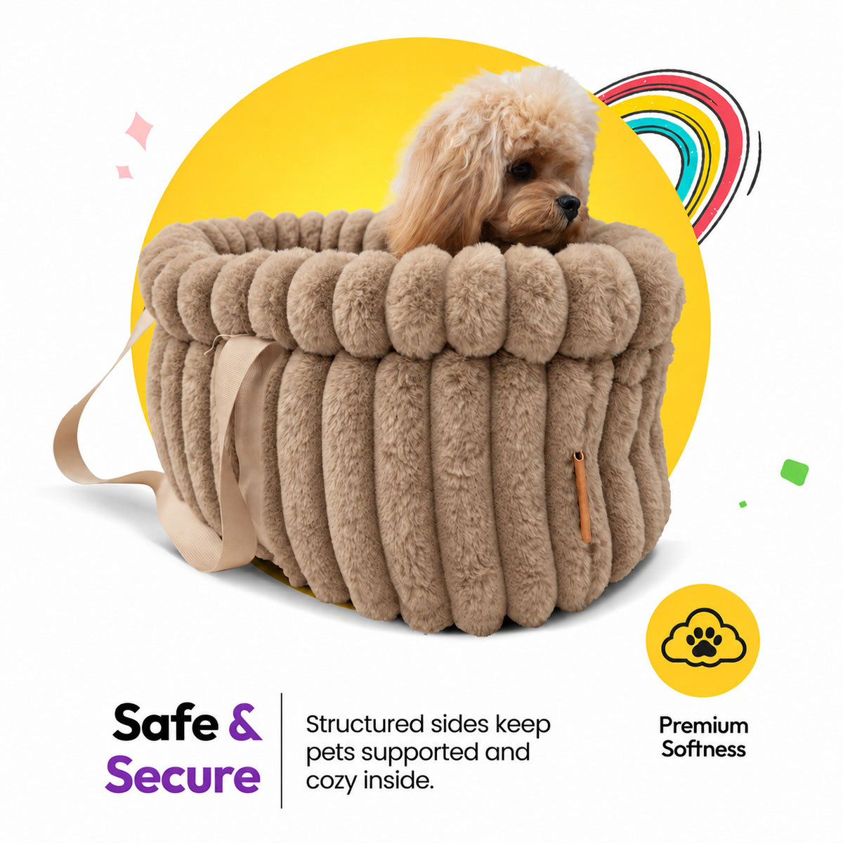 Brown | Corduroy Calming Dog Carrier: Toy poodle in the Brown carrier, headed Safe & Secure