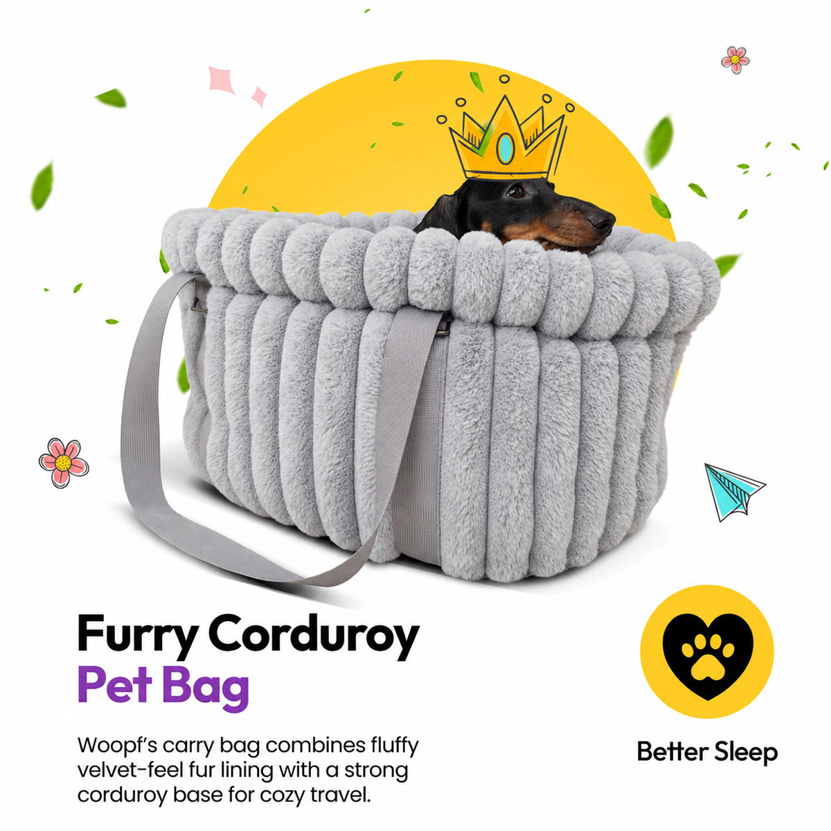 Grey | Corduroy Calming Dog Carrier: Dachshund in a paper crown in the Grey carrier, headed Furry Corduroy Pet Bag