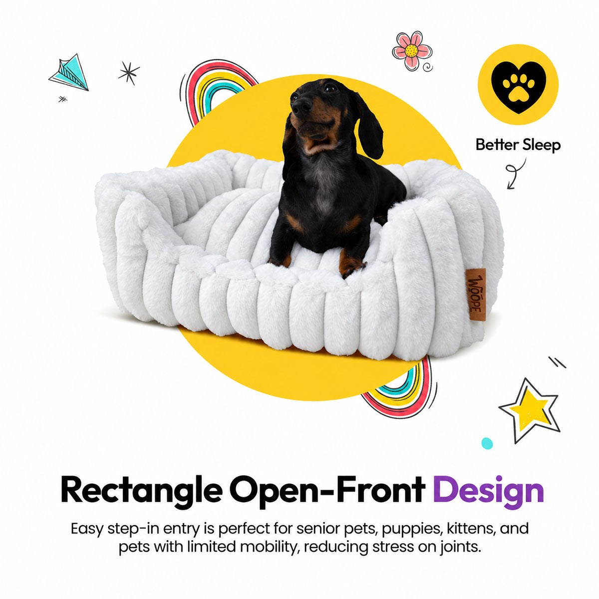 White | Furry Corduroy Open Front Rectangle Bed: Dachshund sitting in the White bed, headed Rectangle Open-Front Design