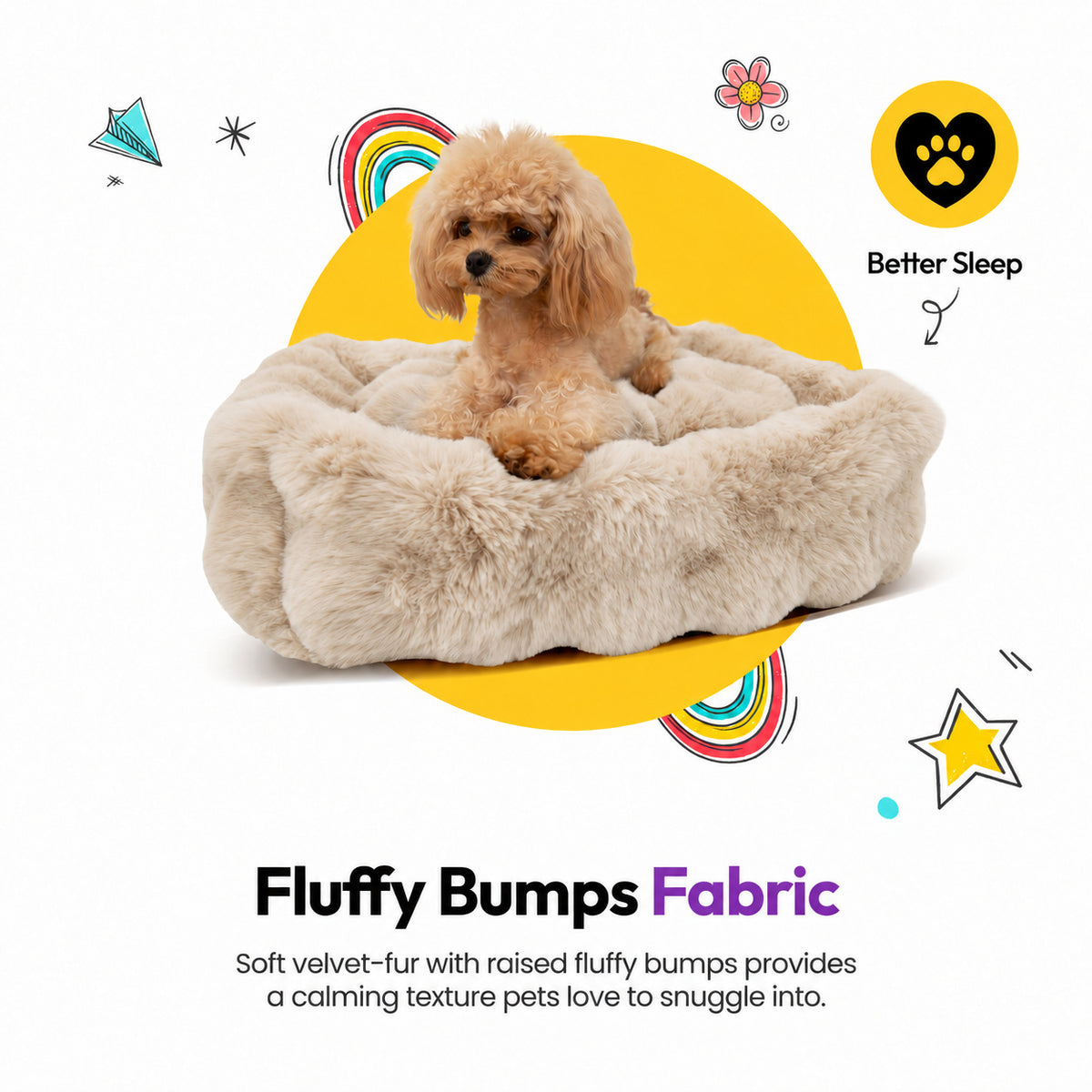 Cream | Furry Curves Rectangle Bed: Toy poodle in the Cream bed, headed Fluffy Bumps Fabric