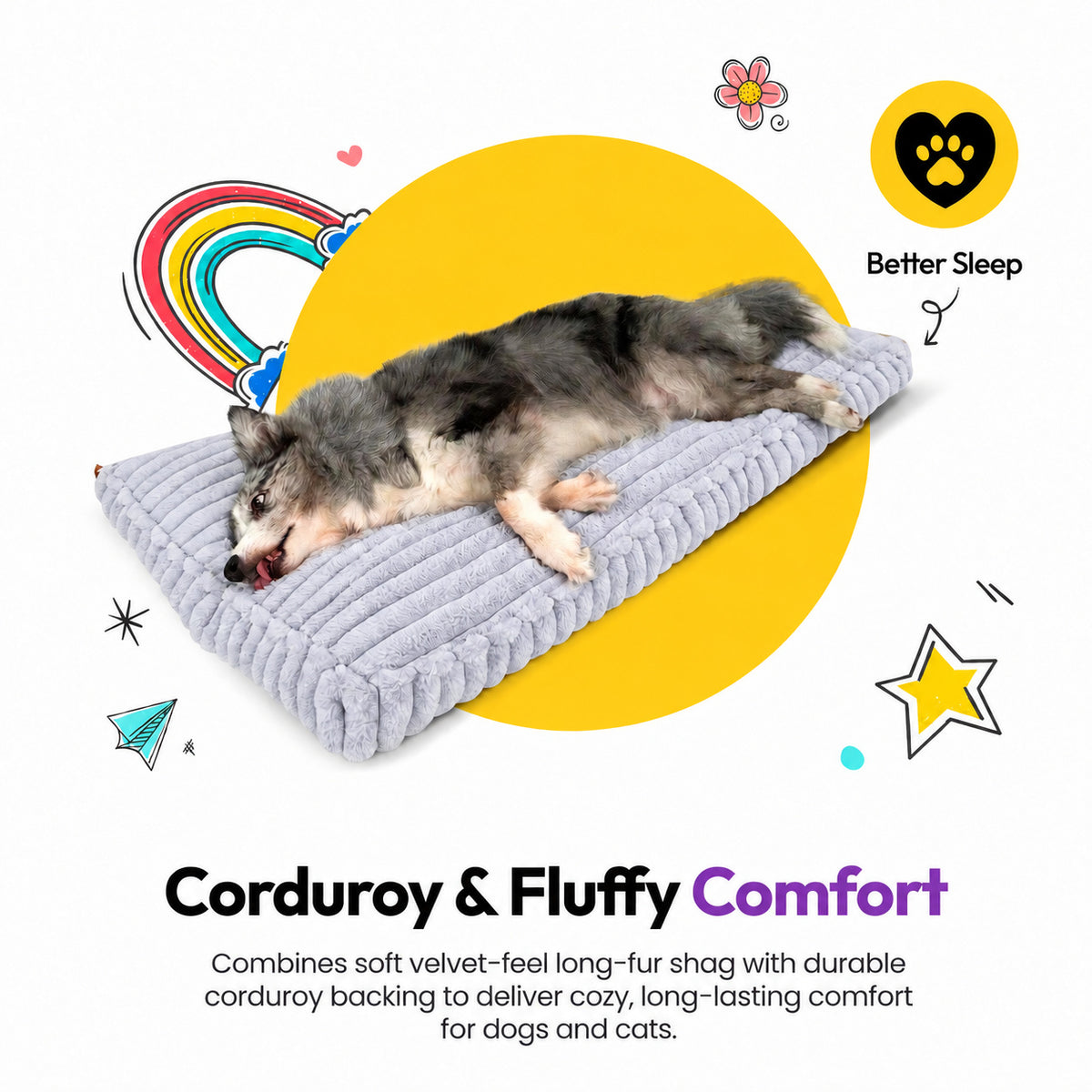Grey | Furry Corduroy Sleeping Mat: Merle dog asleep on the Grey mat, on a card headed Corduroy & Fluffy Comfort