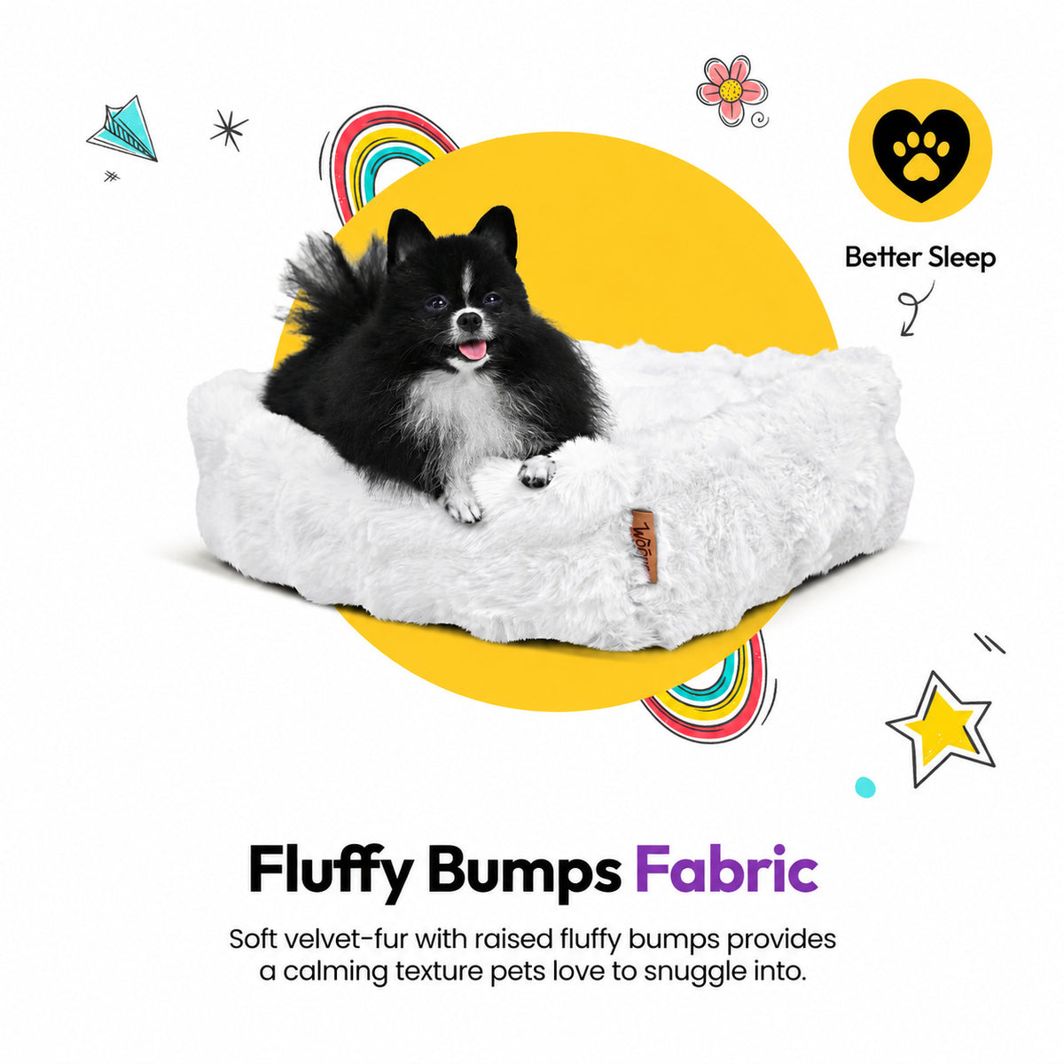 White | Furry Curves Rectangle Bed: Pomeranian in the White bed, headed Fluffy Bumps Fabric