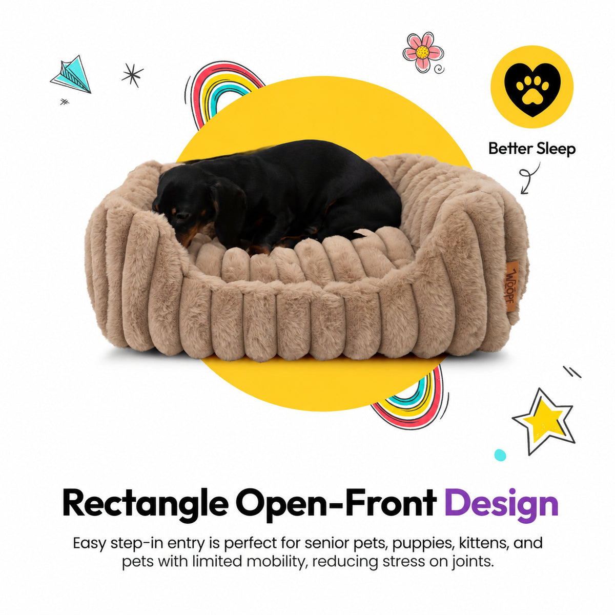 Brown | Furry Corduroy Open Front Rectangle Bed: Dachshund lying in the Brown bed, headed Rectangle Open-Front Design