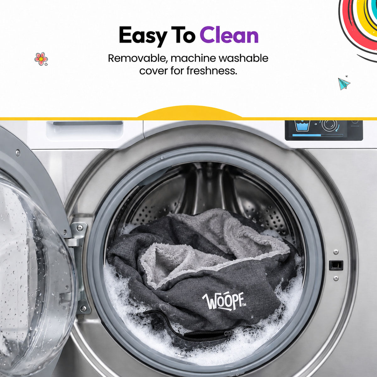 Grey | NÄP Orthopedic Bed: The Grey bed's cover in a washing machine, headed Easy To Clean