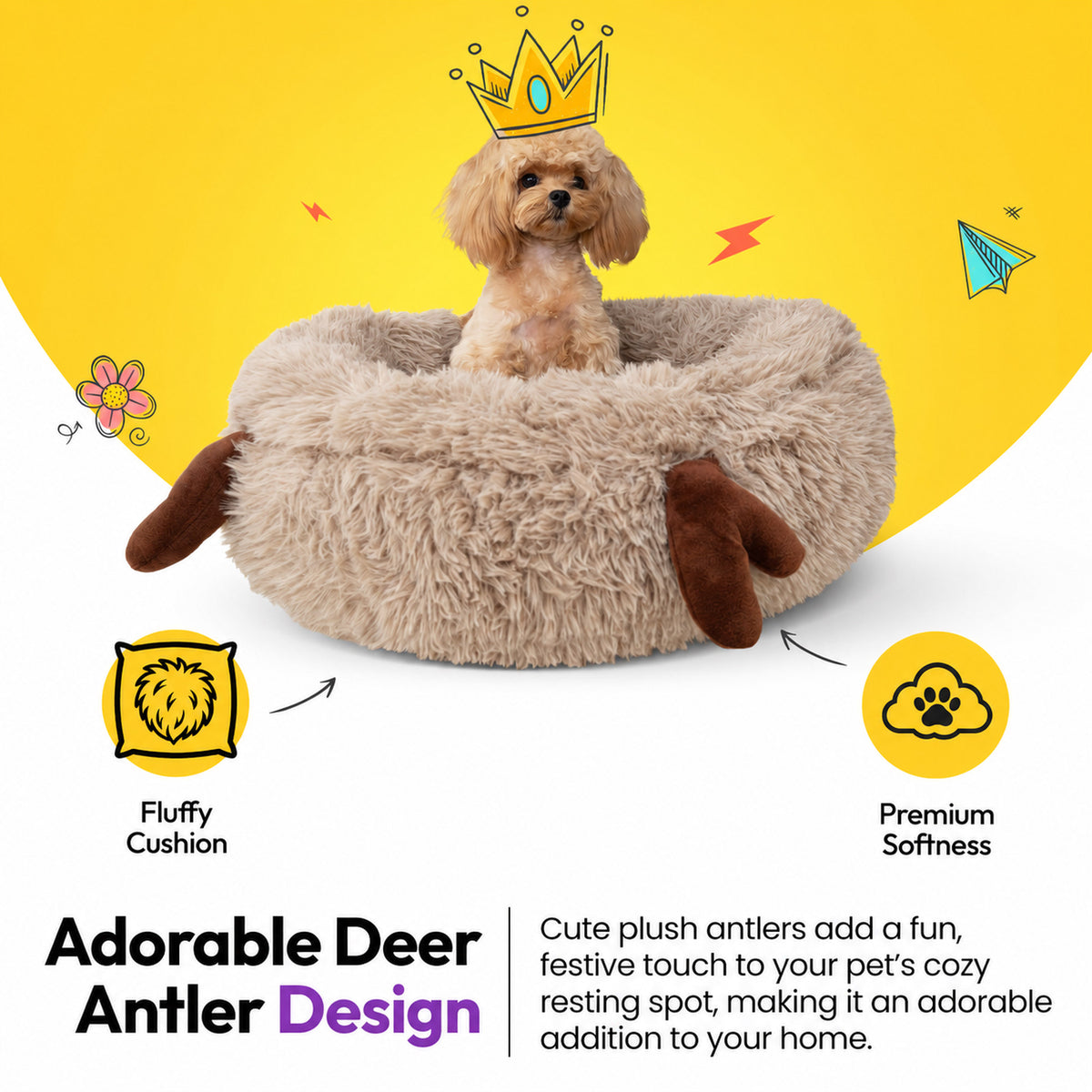 Cream | Fluffy Shag Calming Round Bed with Antlers: Toy poodle in a paper crown sitting in the bed, headed Adorable Deer Antler Design