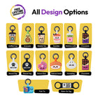 Collection of various keychains with different designs on a yellow background
