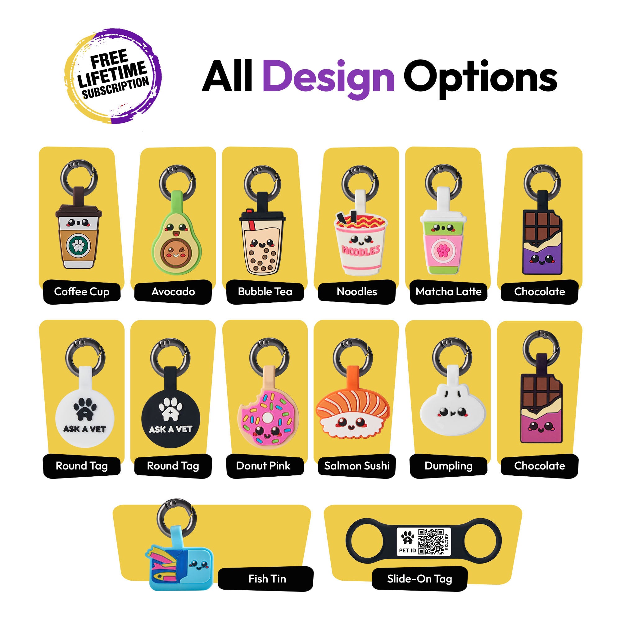 ASK A VET Slide-On Pet ID Tags – NFC & QR Code Silicone Dog & Cat Tags – Silent, Secure Collar Fit – Waterproof, No Battery – Kawaii Designs