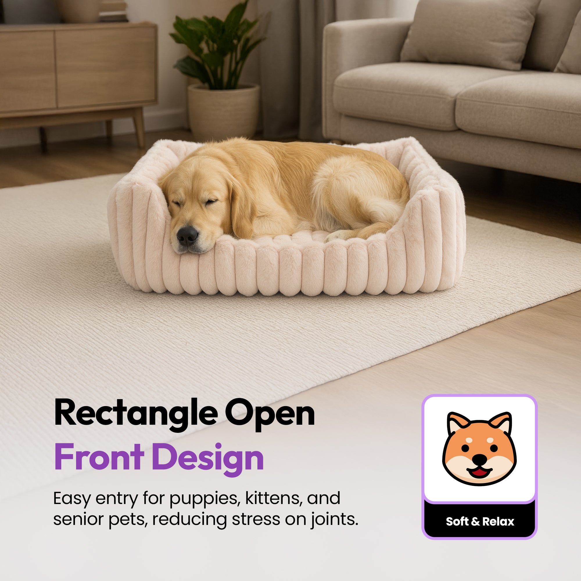 Furry Corduroy Range Rectangle Open Front Dog & Cat Bed – Soft Fluffy Velvet Feel Calming Orthopedic Pet Sofa with Easy Access