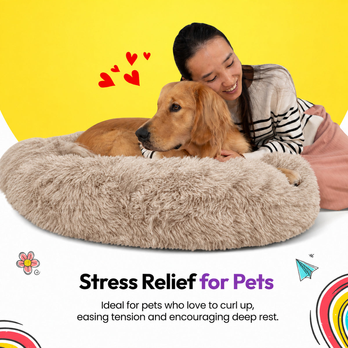 Brown | Fluffy Shag Calming Round Bed: Woman hugging a golden retriever in the Brown bed on a yellow graphic card