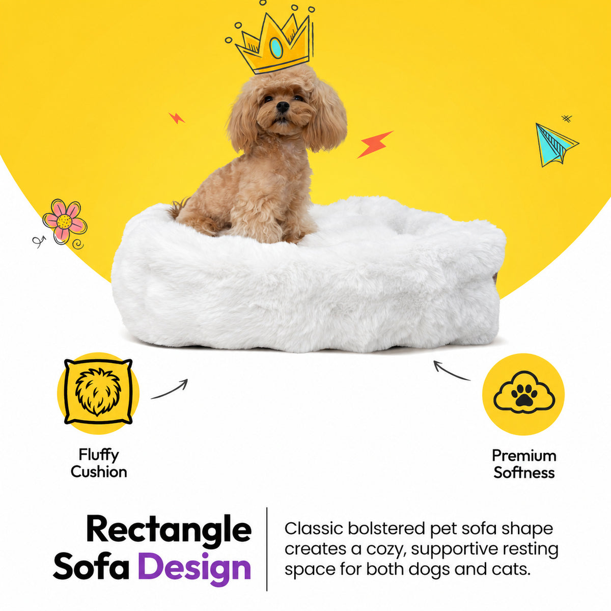 White | Furry Curves Rectangle Bed: Toy poodle in the White bed, headed Rectangle Sofa Design
