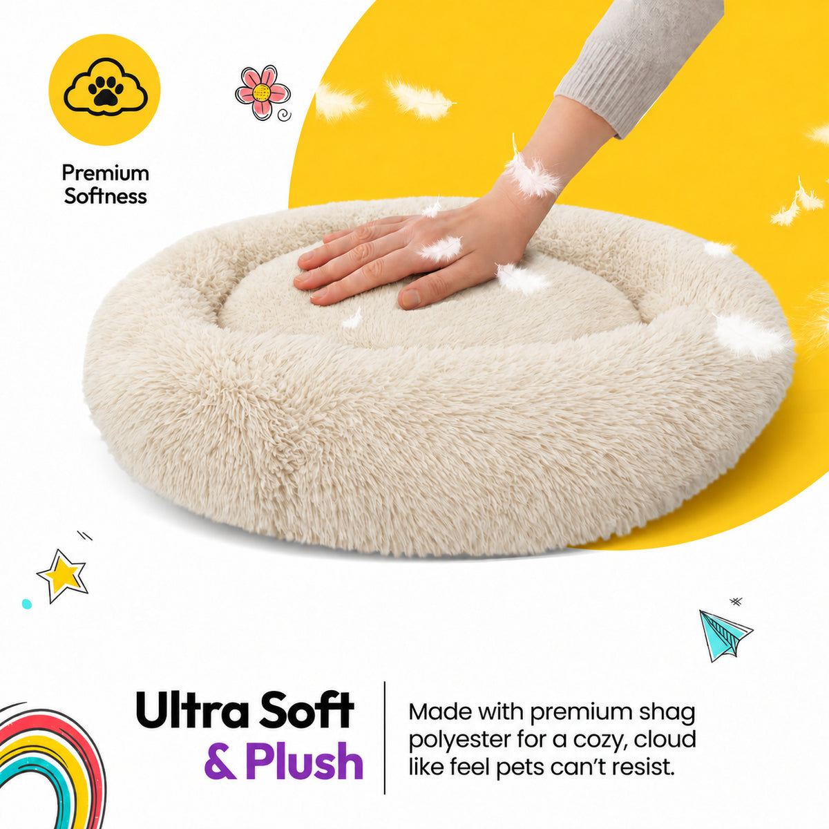 Cream | Fluffy Shag Calming Round Bed: Hand pressing into the pile of the Cream bed, headed Ultra Soft & Plush