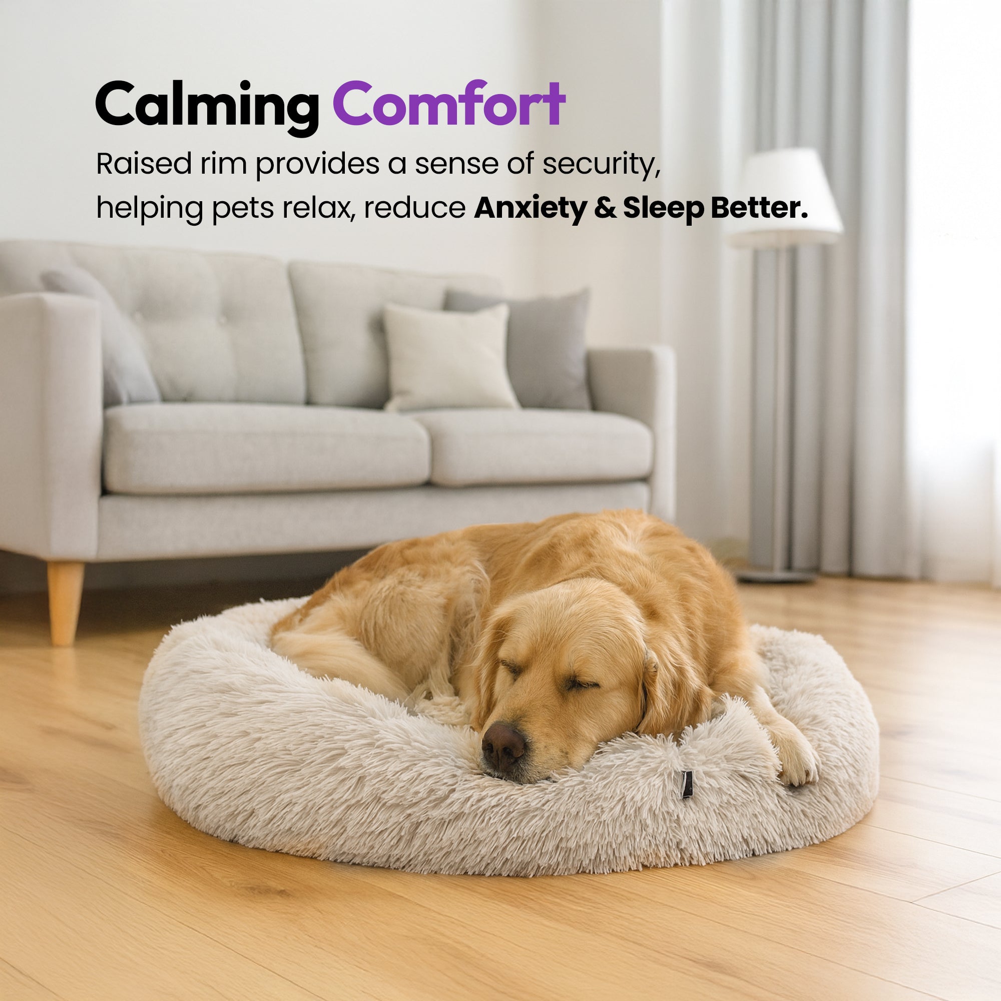 Calming Dog Bed for Dogs & Cats – Ultra Soft Round Plush Pet Bed for Anxiety & Stress Relief – Self-Warming Donut Cuddler with Raised Rim