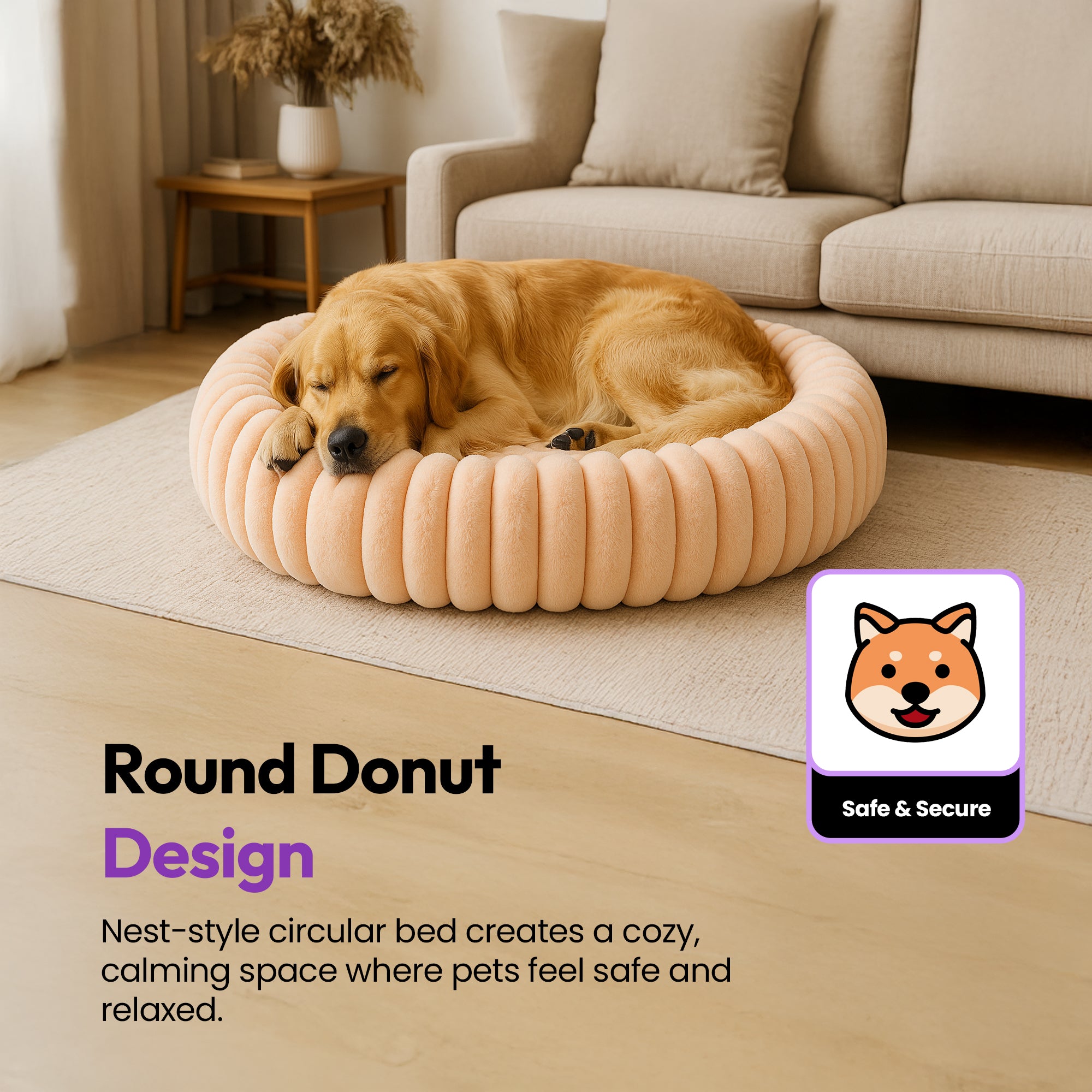 Furry Corduroy Range Round Dog & Cat Bed – Soft Fluffy Velvet Feel Calming Donut Nest with Orthopedic Cushion & Plush Bolstered Sides – Washable Pet Sofa for Anxiety Relief