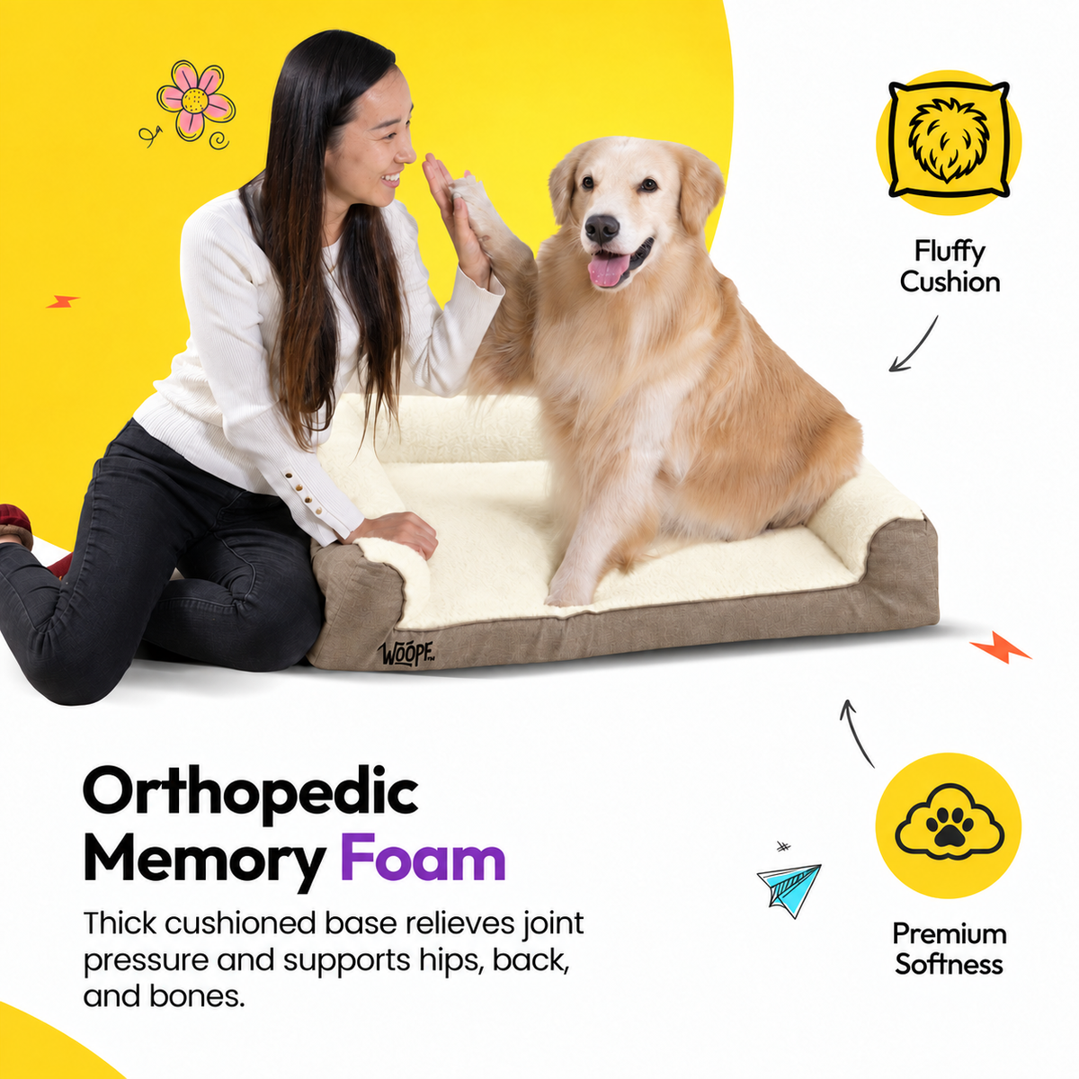 Cream | SNÖR Orthopedic Bed: Woman with a golden retriever on the Cream bed, headed Orthopedic Memory Foam