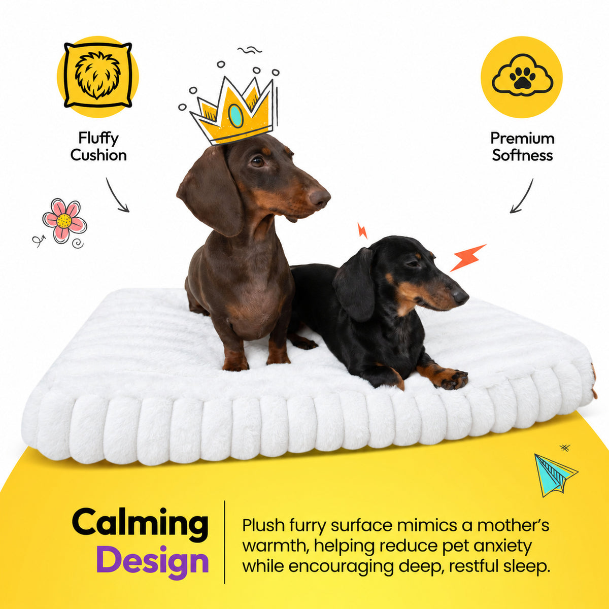 White | Furry Corduroy Sleeping Mat: Two dachshunds, one in a paper crown, on the White mat on a yellow graphic card