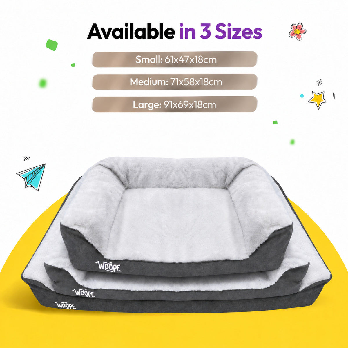 Grey | SNÖR Orthopedic Bed: The Grey bed in Small, Medium and Large stacked, headed Available in 3 Sizes
