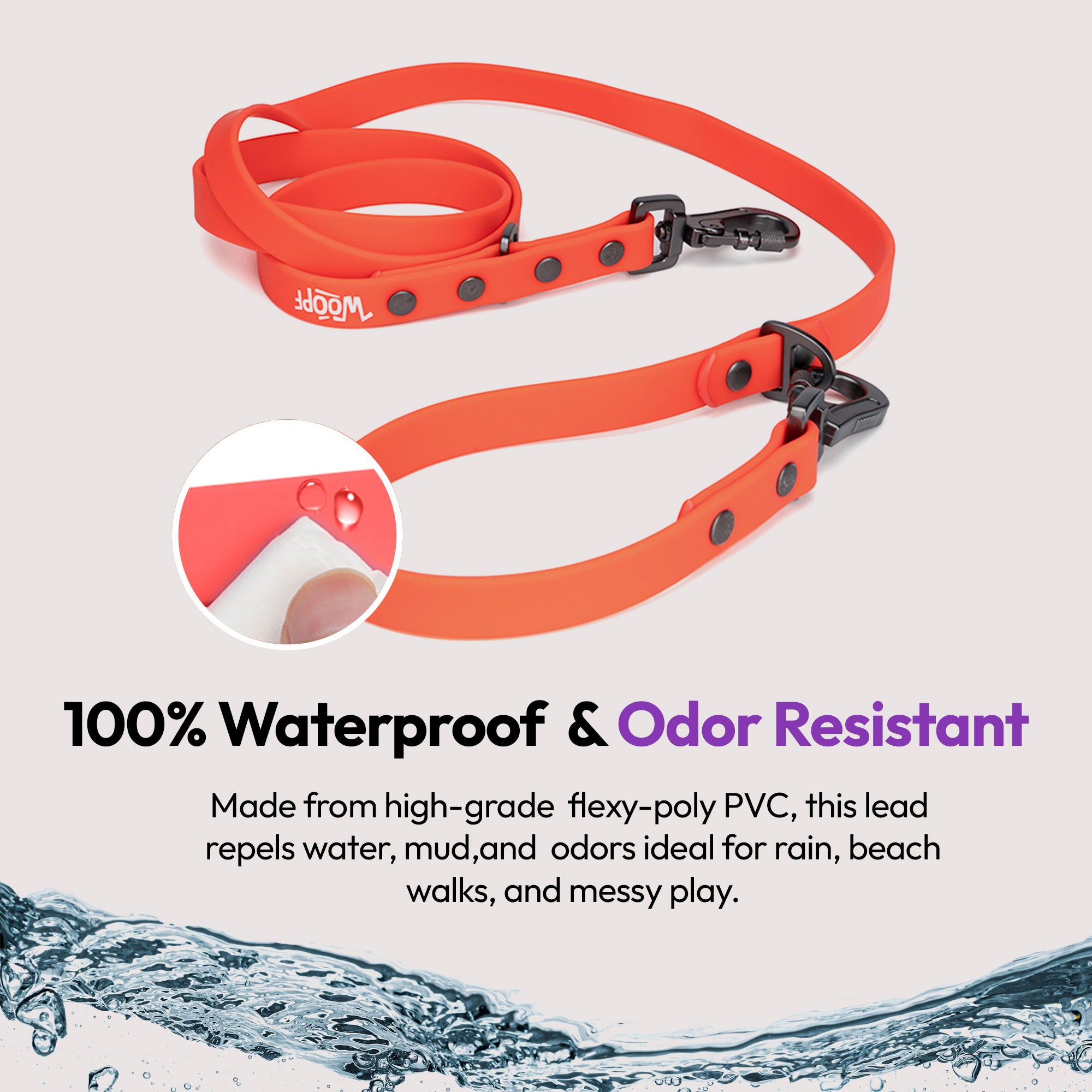 All-Weather Waterproof Dog Leash (Coral) – Adjustable, Vet-Designed
