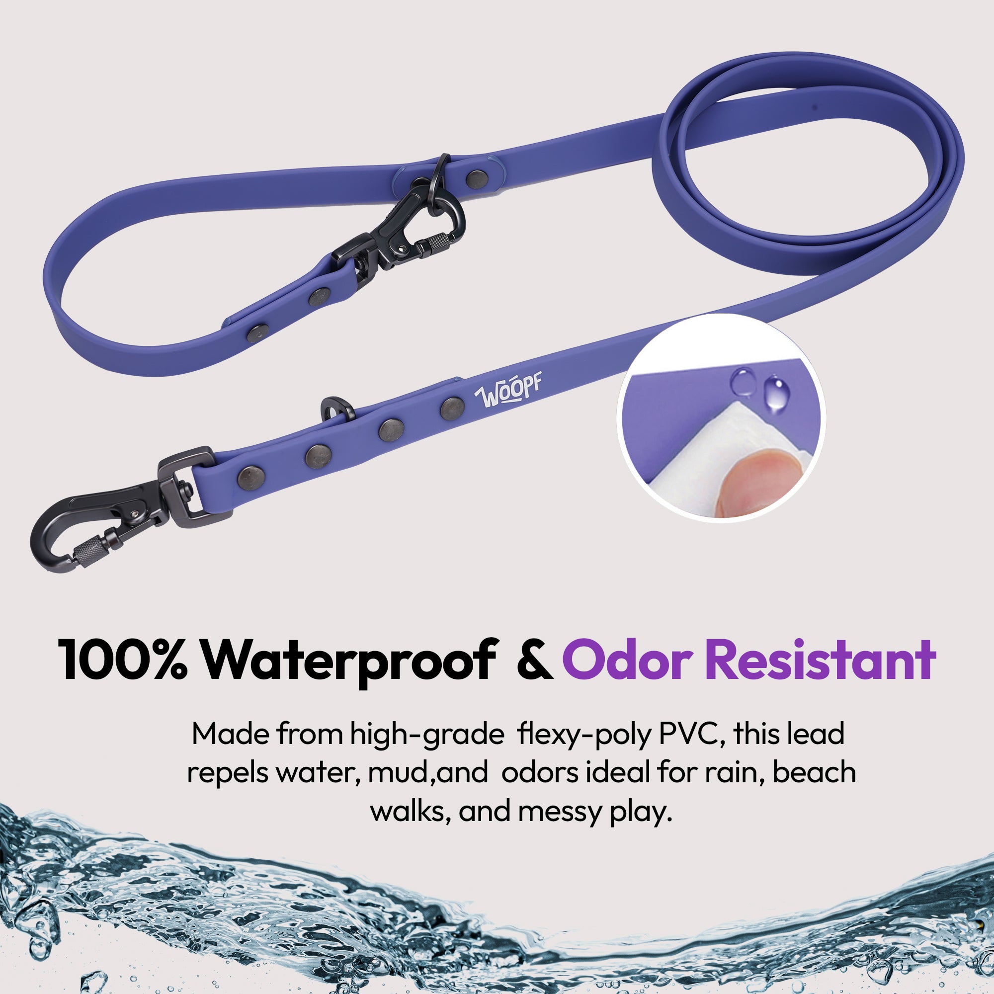 All-Weather Waterproof Dog Leash (Purple) – Adjustable, Vet-Designed